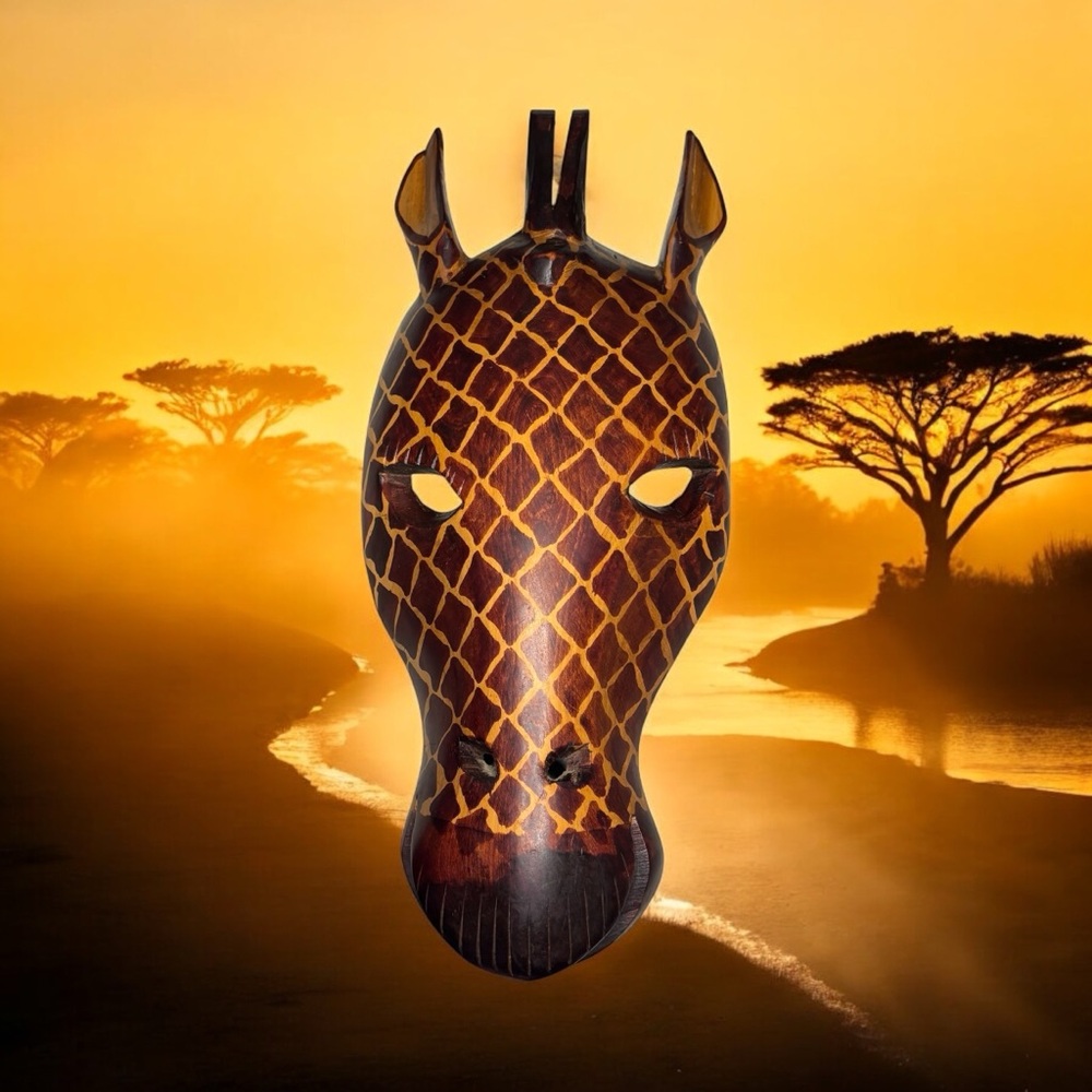 Hand Carved Wooden Giraffe Head Mask Wall Hanging Decor- Made in Kenya Africa